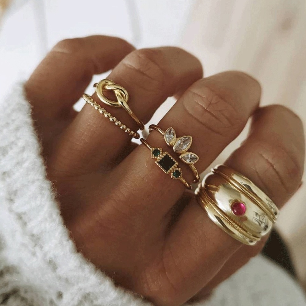*HAVANA* 5-Pc Gold x Rhinestone Fashion Ring Set